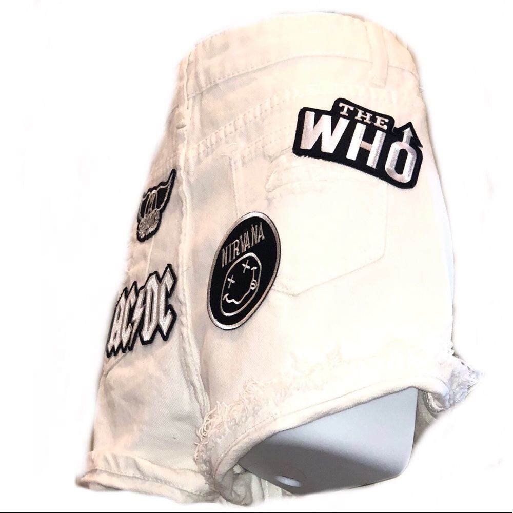 White Denim Shorts W/ Black & White Rock Patches - Picture 6 of 8